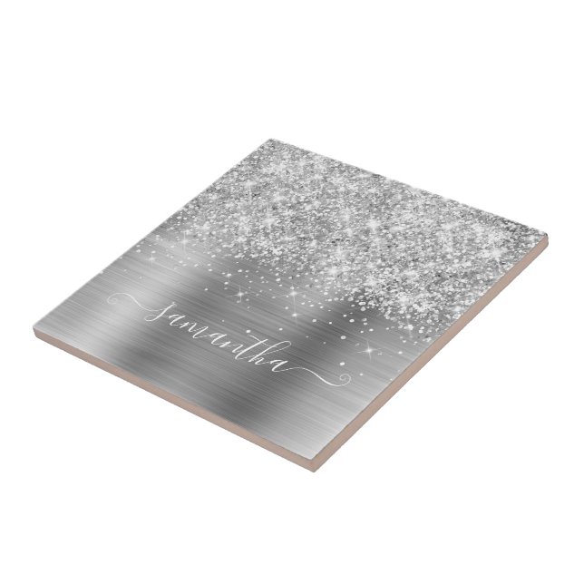 Glittery Silver Girly Signature Calligraphy Tile (Side)