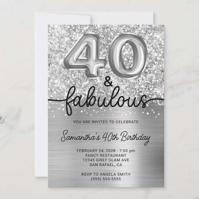 Glittery Silver Glam 40 and Fabulous Invitation (Front)