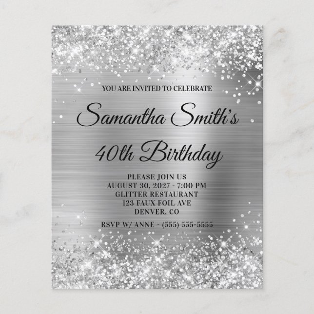 Glittery Silver Glam 40th Birthday Invite Flyer (Front)