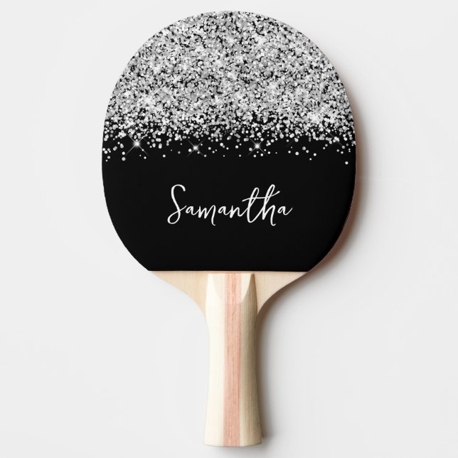 Glittery Silver Glam Black and White Name Ping Pong Paddle (Front)