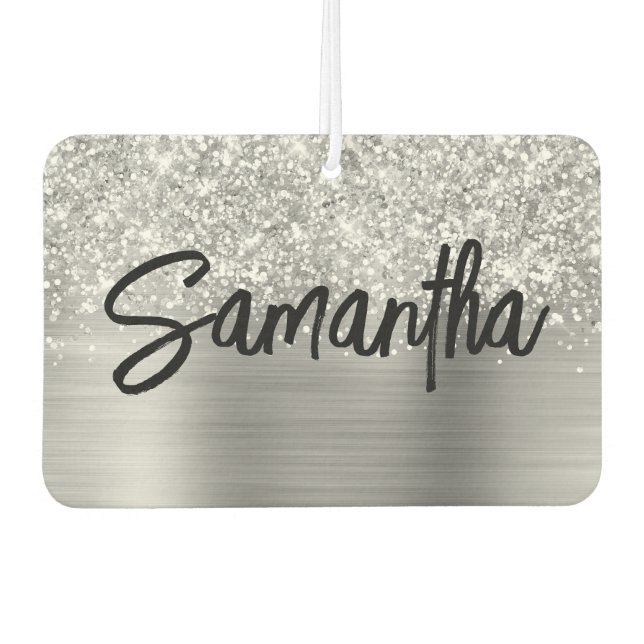 Glittery Silver Glam Brush Script Name Air Freshener (Front)