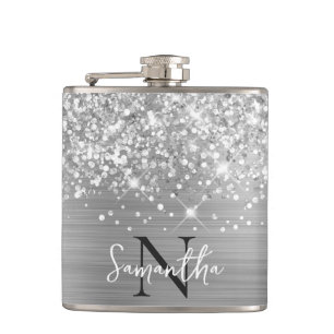 Glittery Silver Glam Monogrammed Hip Flask