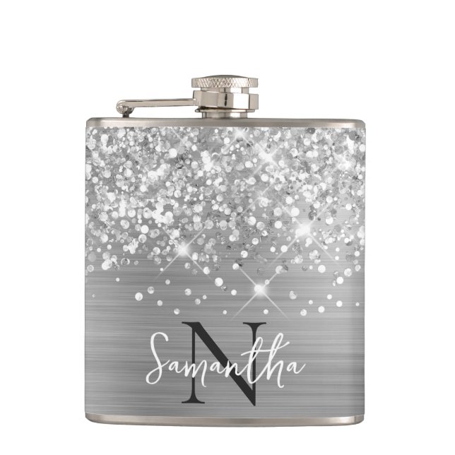Glittery Silver Glam Monogrammed Hip Flask (Front)