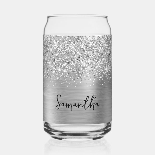 Glittery Silver Glam Name Can Glass (Front)