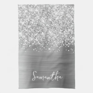 Glittery Silver Glam Name Kitchen Towel
