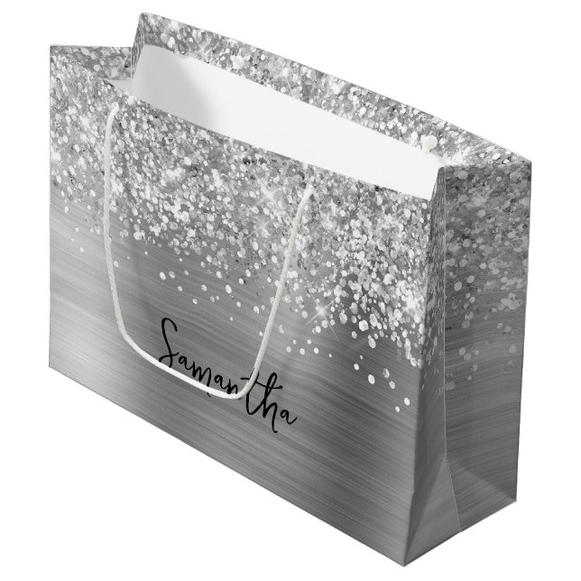 Glittery Silver Glam Name Large Gift Bag (Front Angled)