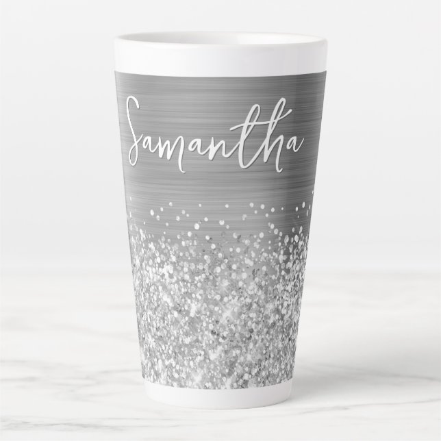 Glittery Silver Glam Name Latte Mug (Front)