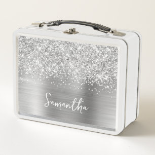 Glittery Silver Glam Name Metal Lunch Box
