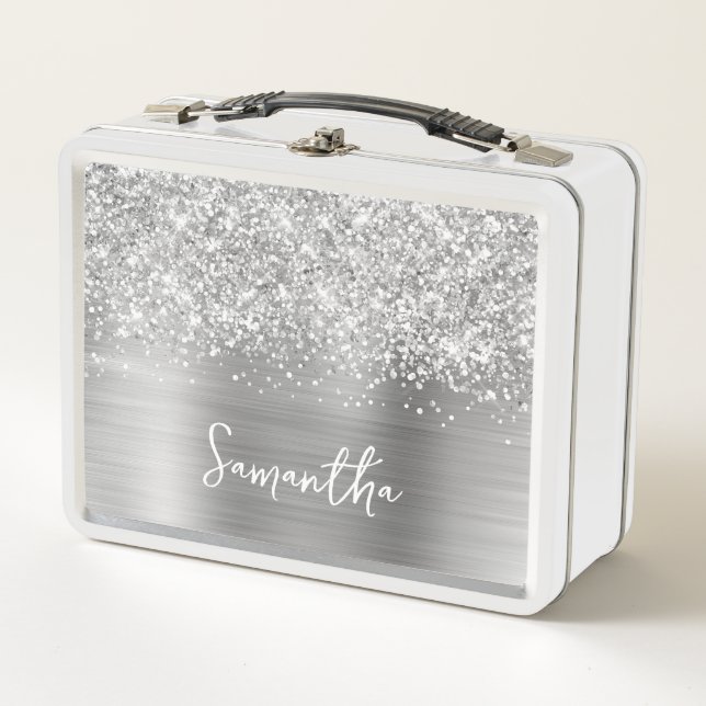 Glittery Silver Glam Name Metal Lunch Box (Front)