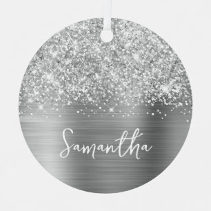 Glittery Silver Glam Name Metal Ornament
