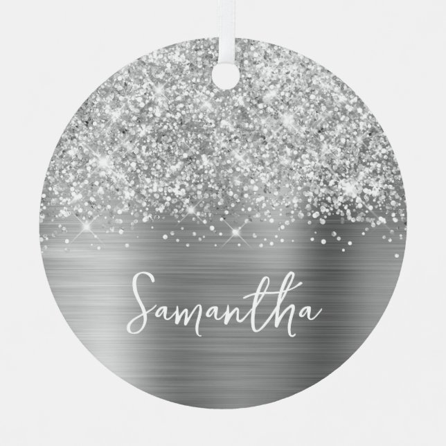 Glittery Silver Glam Name Metal Ornament (Front)