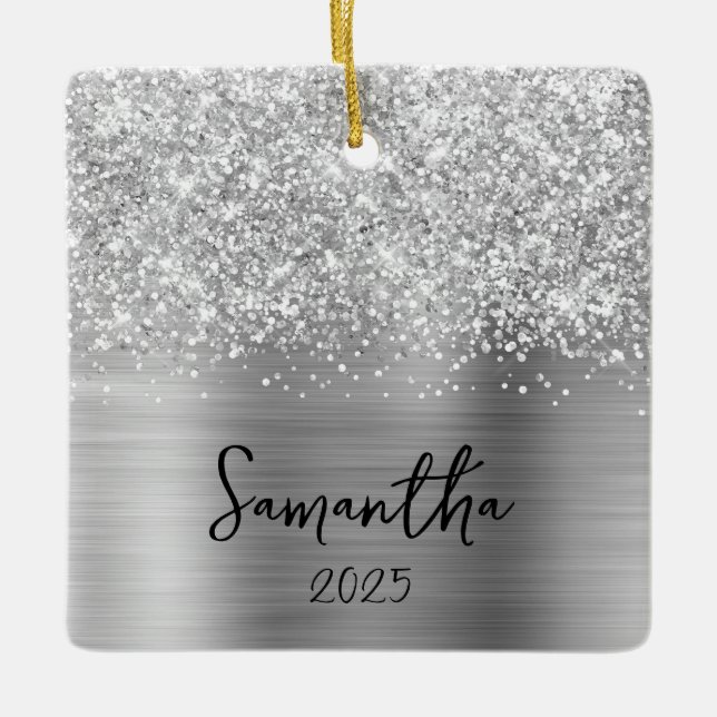 Glittery Silver Glam Name Photo Ceramic Ornament (Front)