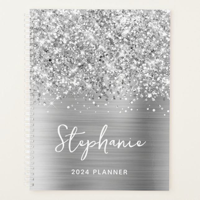 Glittery Silver Glam Personalized 2024 Planner (Front)