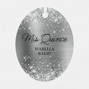 Glittery Silver Glam Quinceañera Ball Gown Photo Metal Ornament