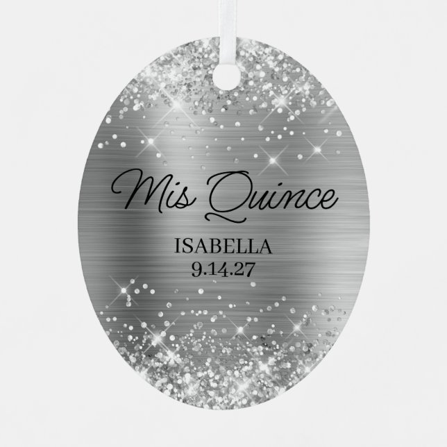 Glittery Silver Glam Quinceañera Ball Gown Photo Metal Ornament (Front)