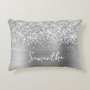 Glittery Silver Glam Script Name Accent Pillow