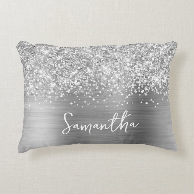 Glittery Silver Glam Script Name Accent Pillow (Front)