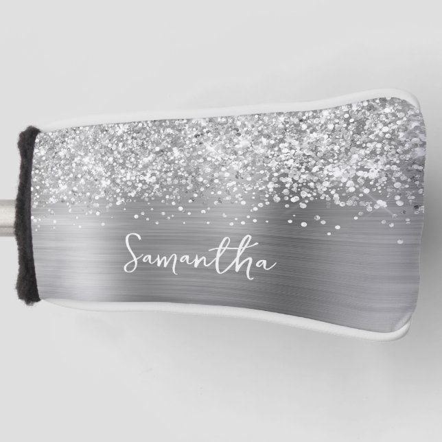 Glittery Silver Glam Script Name Golf Head Cover (Front)