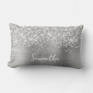 Glittery Silver Glam Script Name Lumbar Pillow