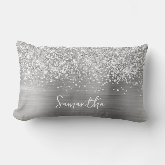 Glittery Silver Glam Script Name Lumbar Pillow (Front)