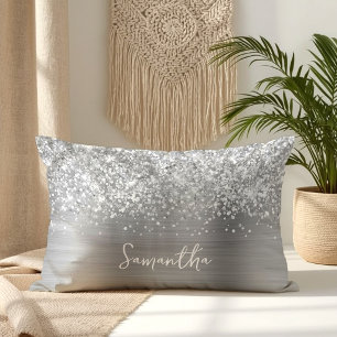 Glittery Silver Glam Script Name Lumbar Pillow