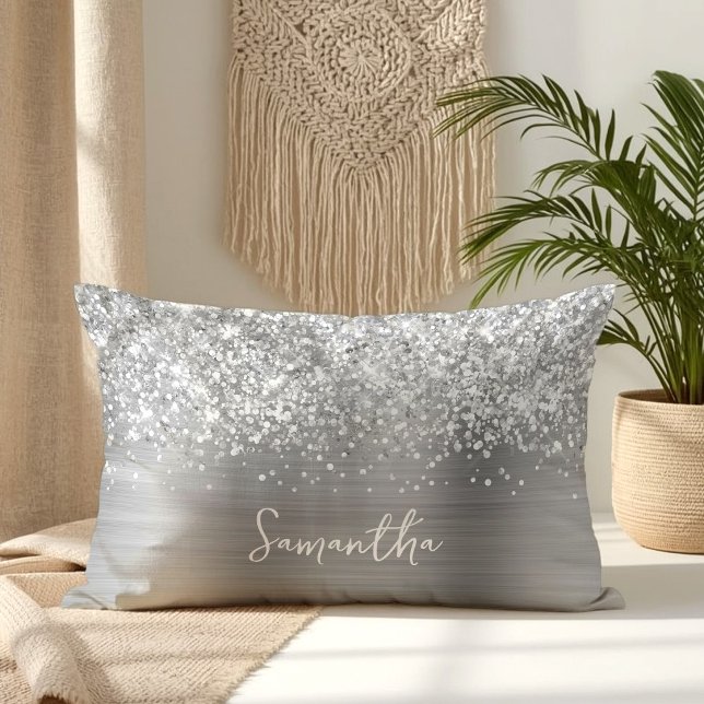 Glittery Silver Glam Script Name Lumbar Pillow (Glittery Silver Glam Script Name Lumbar Pillow)