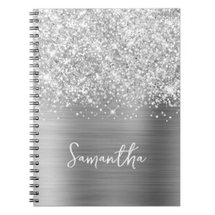 Glittery Silver Glam Script Name Notebook