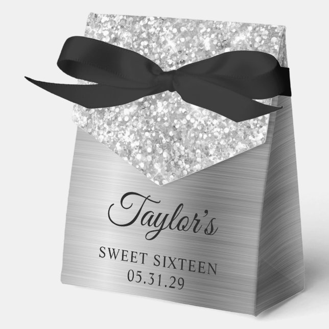 Glittery Silver Glam Sweet Sixteen Favor Box (Front)