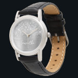Glittery Silver Glam White Name Watch<br><div class="desc">Customize the modern handwritten style script to create your own wrist watch. Add a monogram initial behind the name to create your own first name initial combination. Girly glam faux silver glitter and silvery grey metallic brushed metal foil digital art that print like a photo on her gift. There are...</div>