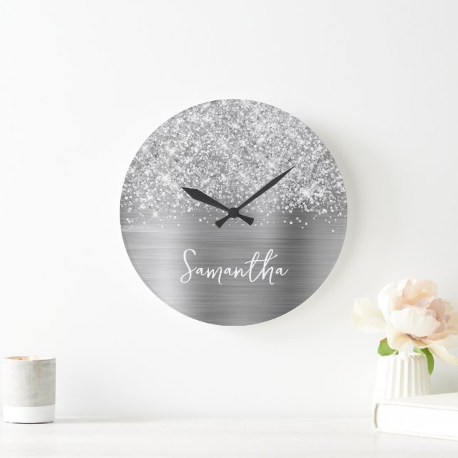 Glittery Silver Glam White Script Name Large Clock (Home)