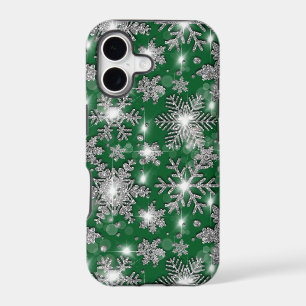 Glittery silver green festive snowflake pattern  