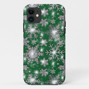 Glittery silver green festive snowflake pattern   Case-Mate iPhone case