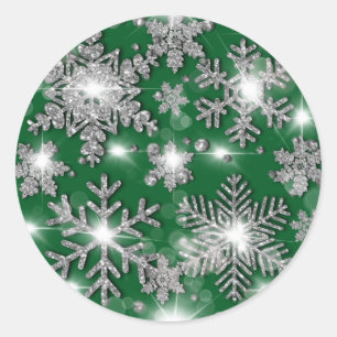 Glittery silver green festive snowflake pattern classic round sticker