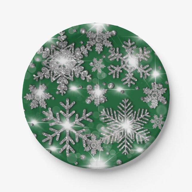 Glittery silver green festive snowflake pattern  paper plate (Front)