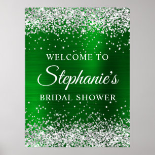 Glittery Silver Green Foil Bridal Shower Welcome Poster