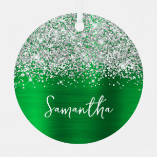 Glittery Silver Green Glam Name Metal Ornament