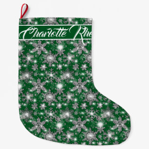 Glittery silver green snowflakes personalize  large christmas stocking