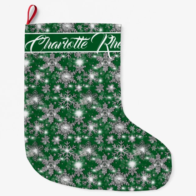 Glittery silver green snowflakes personalize  large christmas stocking (Front)