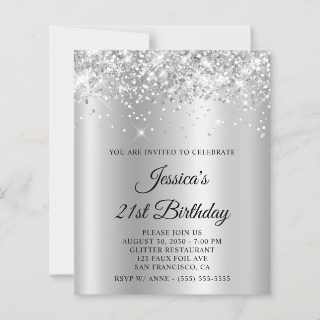Glittery Silver Grey Shimmer 21st Birthday Invite (Front)