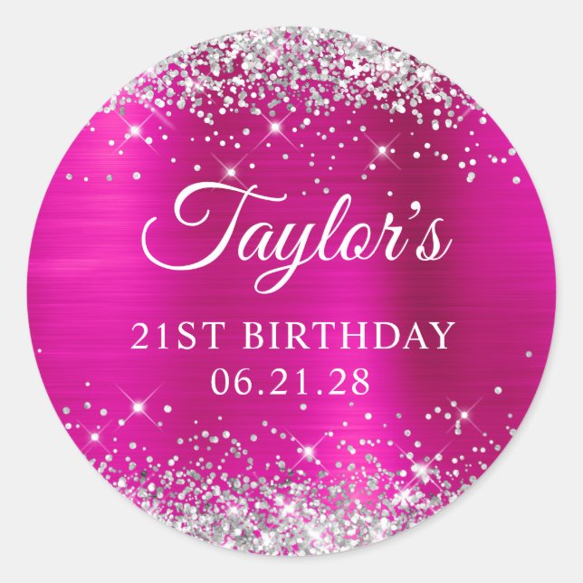 Glittery Silver Hot Pink Foil 21st Birthday Classic Round Sticker (Front)