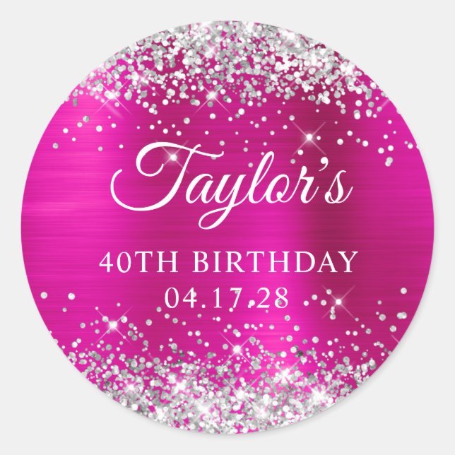 Glittery Silver Hot Pink Foil 40th Birthday Classic Round Sticker (Front)