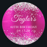 Glittery Silver Hot Pink Foil 40th Birthday Classic Round Sticker<br><div class="desc">Create your own 40th birthday party favour stickers. Girly faux sparkly silver glitter on the top and bottom edge, over a faux magenta and hot pink brushed metal style ombre foil. Customize the font styles to create your own favour sticker design for her special celebration. A classic elegant calligraphy paired...</div>