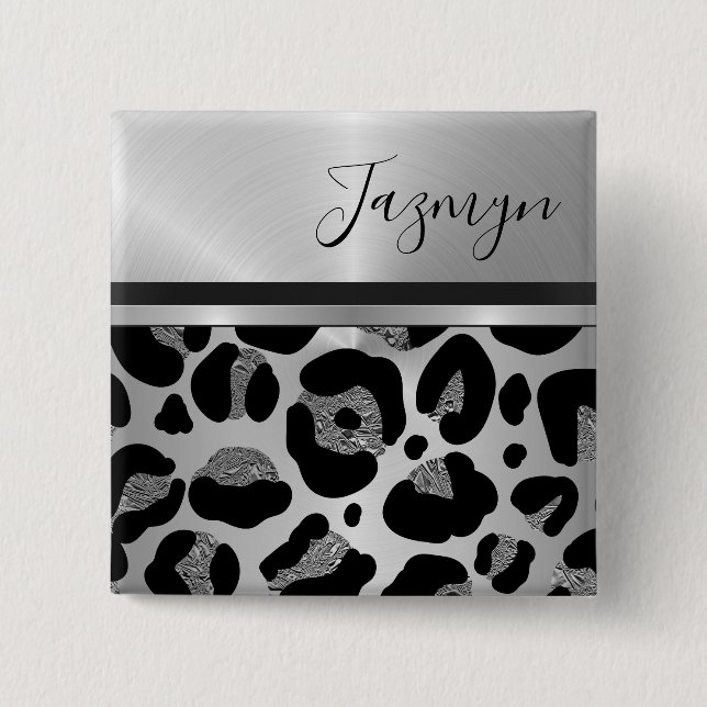 Glittery Silver Leopard Safari Print    2 Inch Square Button (Front)