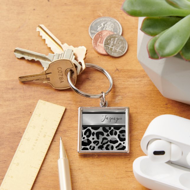 Glittery Silver Leopard Safari Print Personalized Keychain (Desk)