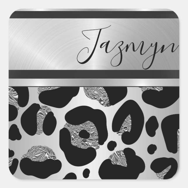 Glittery Silver Leopard Safari Print Personalized  Square Sticker (Front)