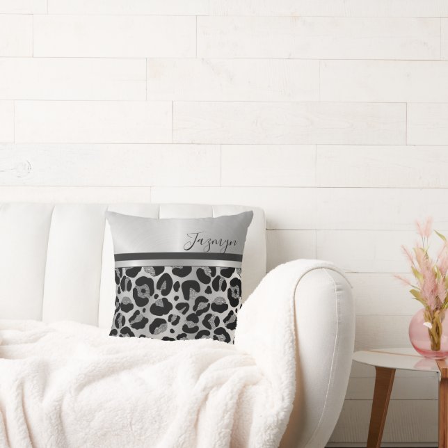 Glittery Silver Leopard Safari Print  Throw Pillow (Couch)