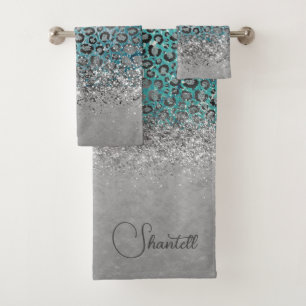  Glittery Silver Leopard Turquoise Personalized  Bath Towel Set