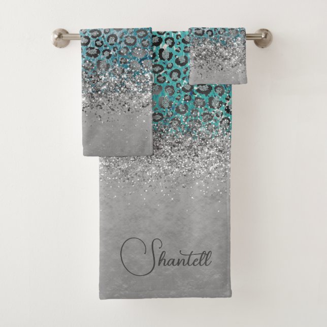  Glittery Silver Leopard Turquoise Personalized  Bath Towel Set (Insitu)
