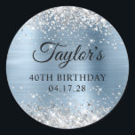 Glittery Silver Light Blue Foil 40th Birthday Classic Round Sticker<br><div class="desc">Create your own 40th birthday party favour stickers. Girly faux sparkly silver glitter on the top and bottom edge, over a faux light blue metallic style ombre foil. Customize the font styles to create your own favour sticker design for her special celebration. A classic elegant calligraphy paired with an all...</div>