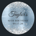 Glittery Silver Light Blue Foil 40th Birthday Classic Round Sticker<br><div class="desc">Create your own 40th birthday party favour stickers. Girly faux sparkly silver glitter on the top and bottom edge, over a faux light blue metallic style ombre foil. Customize the font styles to create your own favour sticker design for her special celebration. A classic elegant calligraphy paired with an all...</div>